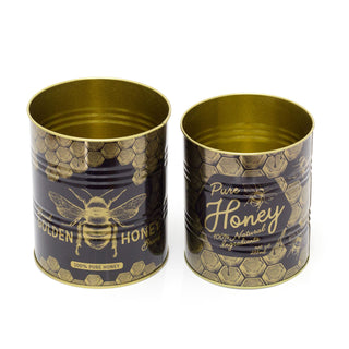Set of 2 Bee Hive Retro Metal Storage Tins | Monochrome Vintage Metal Display Can | Replica Honey Tin Cans