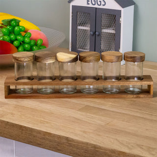 Free Standing Spice Rack & 6 Glass Jars | Set of 6 Glass Jars In Acacia Holder