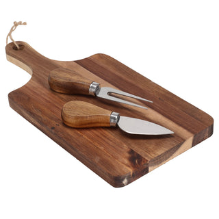 Acacia Cheese Board with Knife & Fork | 3-Piece Wooden Cheese Serving Set