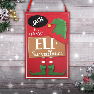 Hanging Wooden Elf Surveillance Plaque Christmas Sign - Red