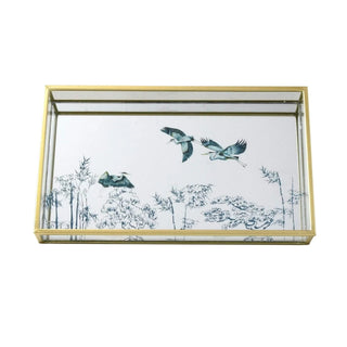 Blue Heron Mirrored Metal Tray | Decorative Oriental Vanity Trinket Tray - 24cm