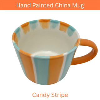 Hand Painted Candy Stripe Mug 300ml Orange & Blue Fine China Tea Coffee Cup