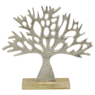 Tree of Life Ornament, 24cm Silver Metal Tree Sculpture on Mango Wood Base