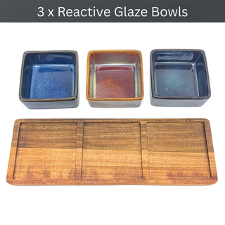 Set of 3 Square Ceramic Snack Bowls with Acacia Wood Serving Tray - 28cm