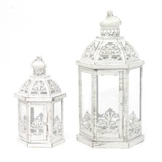 Set Of 2 Moroccan Style White Metal Candle Lanterns For Home & Garden