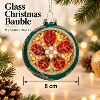 Green & Gold Concave Glass Christmas Bauble, Gisela Graham Poinsettia 8cm