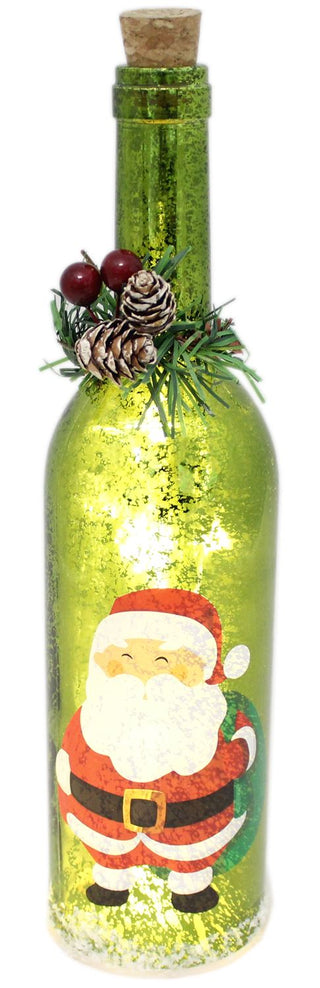 Mercury Glass Christmas Wine LED Bottle Lights Lantern Decoration ~ Green Santa