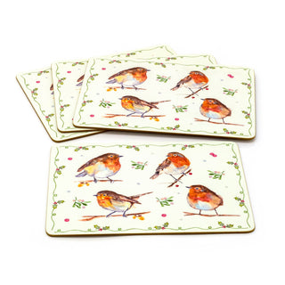 Set Of 4 Winter Robins & Holly Table Placemats | 4 Piece Festive Robins And Mistletoe Cork Dining Table Mats | Christmas Placemat