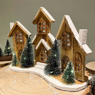 Rustic Wooden LED Christmas Village Scene | Light-Up Christmas Houses - 38x27cm