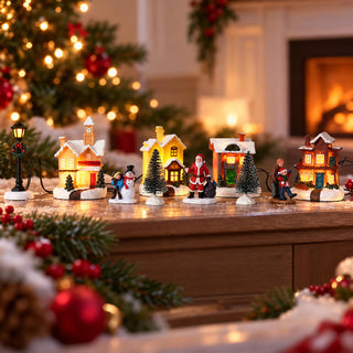 LED Christmas Village Scene, 10-Piece Light-Up Christmas Village Set 4 Houses