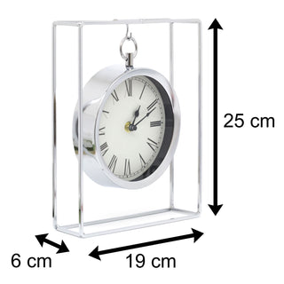 Stylish Hanging Sliver Modern Mantel Clock | Suspended Chrome Table Clock | 25cm Living Room Mantle Clock