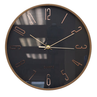 Black & Rose Gold Wall Clock, 30cm Round Wood Effect Quartz Wall Mounted Clock