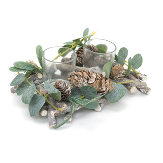 20cm Alpine Sage Double Christmas Tealight Candle Holder | Twin Christmas Garland Tea Light Holder | Christmas Candle Centerpiece