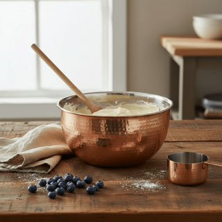 20cm Stylish Copper Silver Metal Kitchen Mixing Bowl | Round Stainless Steel Display Dish With Hammered Detail | Fruit Bowl Copper Kitchen Accessories