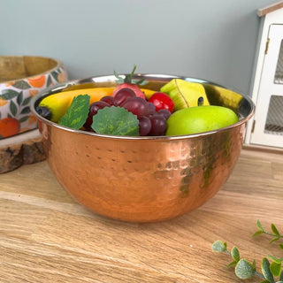 20cm Stylish Copper Silver Metal Kitchen Mixing Bowl | Round Stainless Steel Display Dish With Hammered Detail | Fruit Bowl Copper Kitchen Accessories