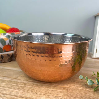 20cm Stylish Copper Silver Metal Kitchen Mixing Bowl | Round Stainless Steel Display Dish With Hammered Detail | Fruit Bowl Copper Kitchen Accessories