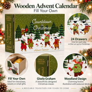 Wooden Fill Your Own Advent Calendar, 24 Drawer Book Style, Woodland Animals