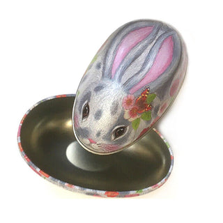 Easter Bunny Egg-Shaped Tin | Rabbit Design Trinket Gift Tin - Easter Gifts
