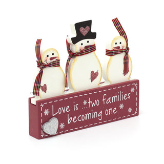 Snowman Family Wooden Free Standing Christmas Sign Block | Love Is... Two Families Becoming One Festive Plaque