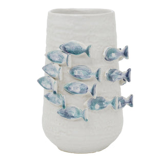 3D Fish Ceramic Vase 21.5cm White Blue Coastal Nautical Decor for Faux Stems