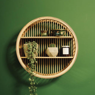 Round Wall Mounted Rattan Floating Shelf Storage Unit | 2 Tier Wooden Floating Shelves | Double Shelf Circle Display Rack Organiser - 45cm