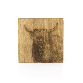 Set Of 4 Mango Wood Highland Cow Coasters | 4 Piece Rustic Coasters With Holder Cup Mug Table Mats | Wooden Square Drinks Coaster Set