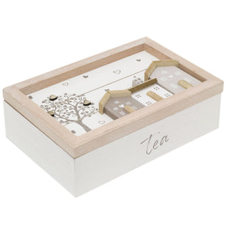 Shabby Chic House Design Wooden Tea Box Caddy 24x16cm | 6 Compartment Tea Bag Storage Box | Kitchen Organiser Tea Case