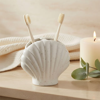 Shell Toothbrush Holder, 11cm Ceramic Speckled Coastal Bathroom Stand
