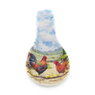 23cm Cockerel & Hen Spoon Holder | Melamine Country Farm Kitchen Utensil Rest | Countryside Cooking Ladle Spatula Holder