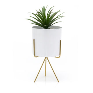 Contemporary White Metal Cache Pot With Stand | Decorative Cachepot Planter | Indoor Garden Plant Pot