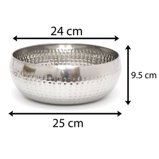 24cm Stylish Silver Metal Kitchen Fruit Bowl | Round Stainless Steel Display Dish With Hammered Detail | Snack Bowl