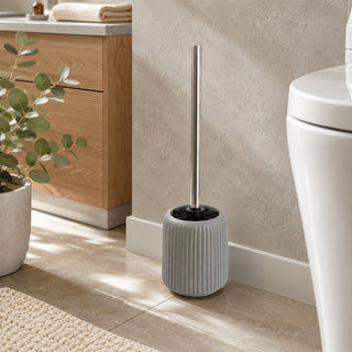 Ribbed Toilet Brush and Holder Set, 36cm Matt Grey Ceramic Loo Brush Holder