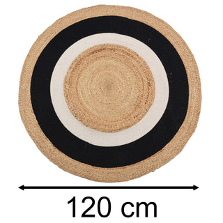 Round Natural Jute Cotton Area Rug | Black & White Boho Scatter Rug - 120cm