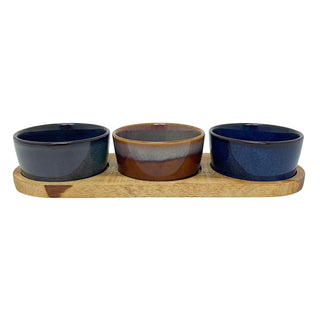 Set of 3 Round Ceramic Snack Bowls with Acacia Wood Serving Tray - 28cm