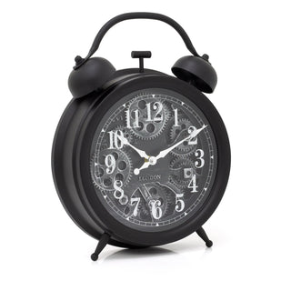 Retro Black Twin Bell Moving Gear Cog Wall Clock | Industrial Vintage Style Wall Clock | Silent Wall Clock Large Replica Twin Bell Clock