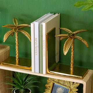 Set Of 2 Gold Tropical Palm Bookends | Aluminium Palm Tree Book Ends Statues