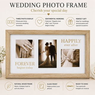 3 Aperture Wedding Photo Frame, Natural Wood Collage Display 42 x 24 cm