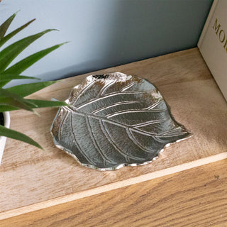 Silver Leaf Trinket Dish | Silver Aluminium Embossed Leaf Shaped Trinket Tray