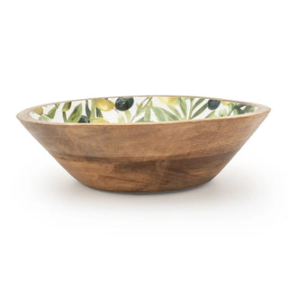 25cm Mango Wood Enamel Olive Patterned Serving Bowl, Wooden Salad Bowl