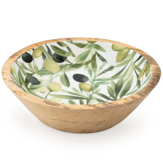 25cm Mango Wood Enamel Olive Patterned Serving Bowl, Wooden Salad Bowl