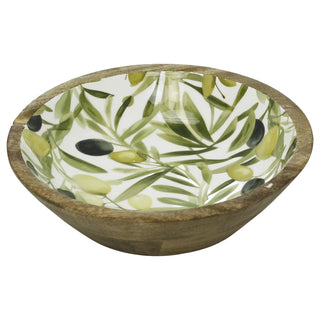25cm Mango Wood Enamel Olive Patterned Serving Bowl, Wooden Salad Bowl