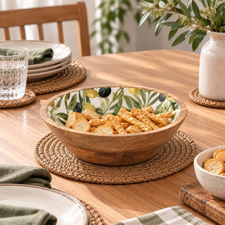25cm Mango Wood Enamel Olive Patterned Serving Bowl, Wooden Salad Bowl