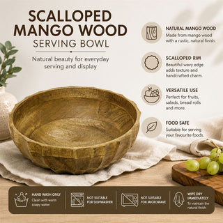 25cm Scalloped Mango Wood Serving Bowl, Natural Rustic Fruit and Salad Bowl