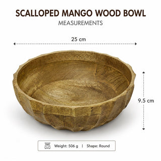 25cm Scalloped Mango Wood Serving Bowl, Natural Rustic Fruit and Salad Bowl