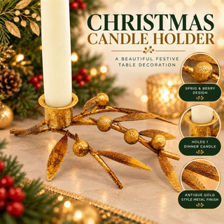 Antique Gold Sprig & Berry Candle Holder, Gisela Graham Christmas 17cm