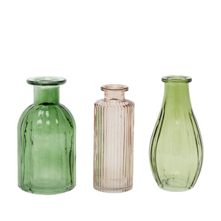 Set of 3 Mini Boho Glass Vases | Green & Pink Bud Vases for Home Styling
