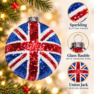 Union Jack Bauble, Gisela Graham Sparkling Union Flag Christmas Decoration 8cm