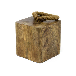 Mango Wood Doorstop | Chunky Cube Wooden Door Stop With Jute Handle - 1.4kg