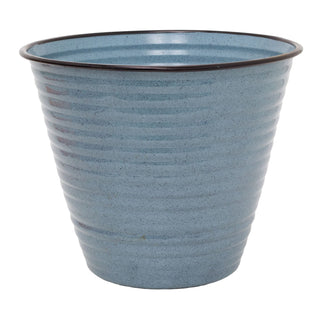 Blue Ribbed Metal Plant Pot, 26cm Round Outdoor Flower Pot, Planter for Garden