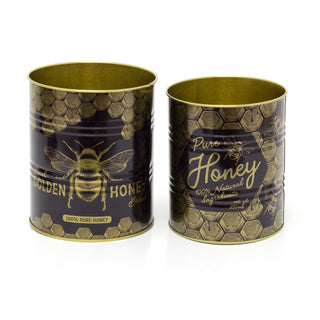 Set of 2 Bee Hive Retro Metal Storage Tins | Monochrome Vintage Metal Display Can | Replica Honey Tin Cans